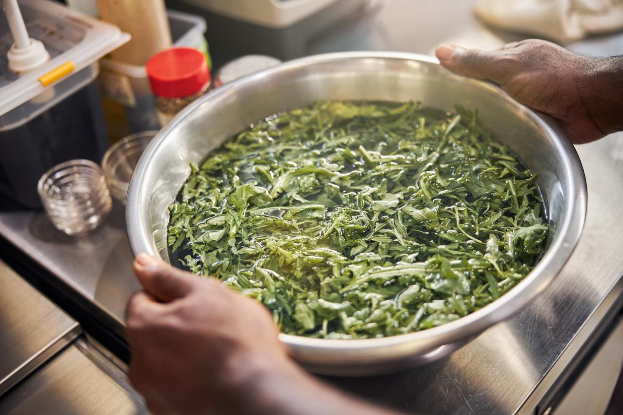 Top view cropped head close up of Afro American chef holding bowl with greenery and water on table
