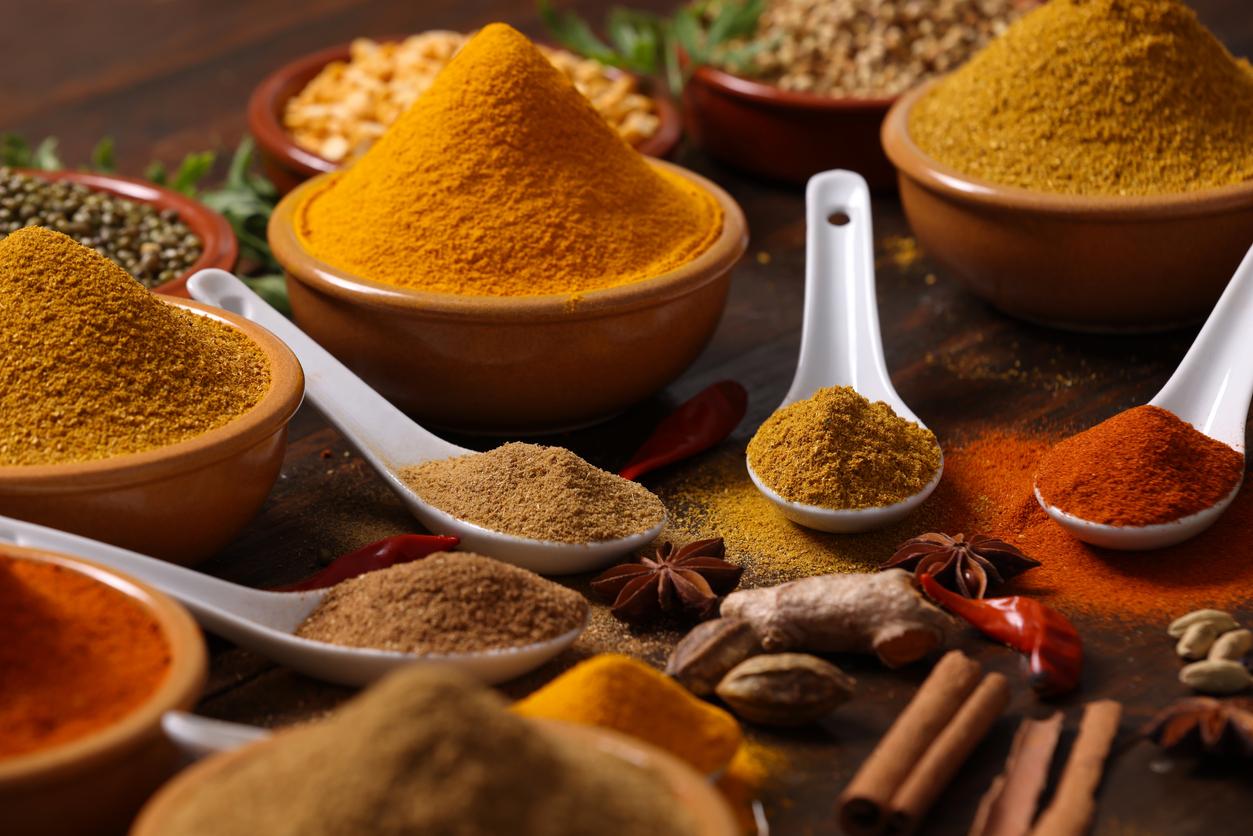 A selection of herbs and spices including Red and Green Chilli Turmeric Cumin Garam Masala making for savory cuisine