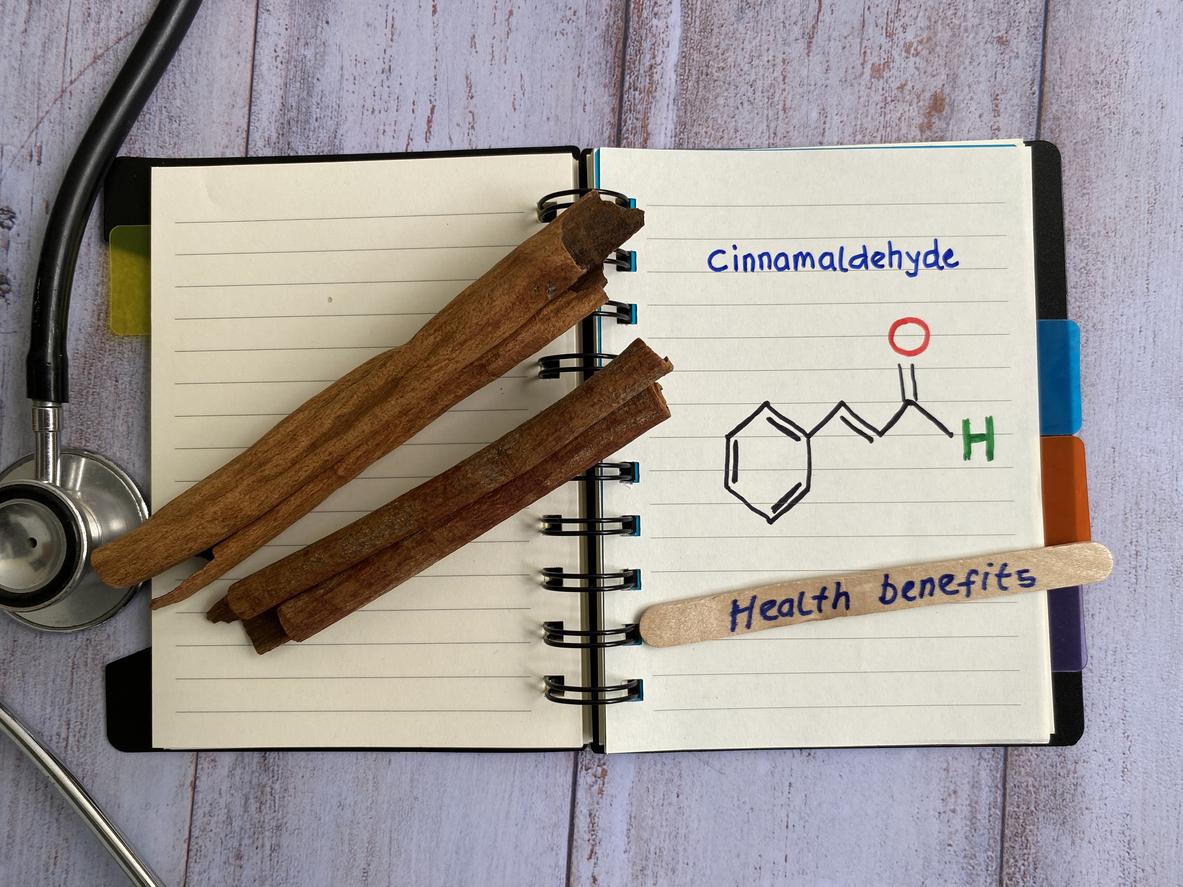 CONCEPT, Health Benefits Cinnamaldehyde structure form Cinnamon, heart disease, diabetes, Reduce Cholesterol Levels LDL Research data efficacy. Antioxidants and cancer effects. For human, animal, poultry.