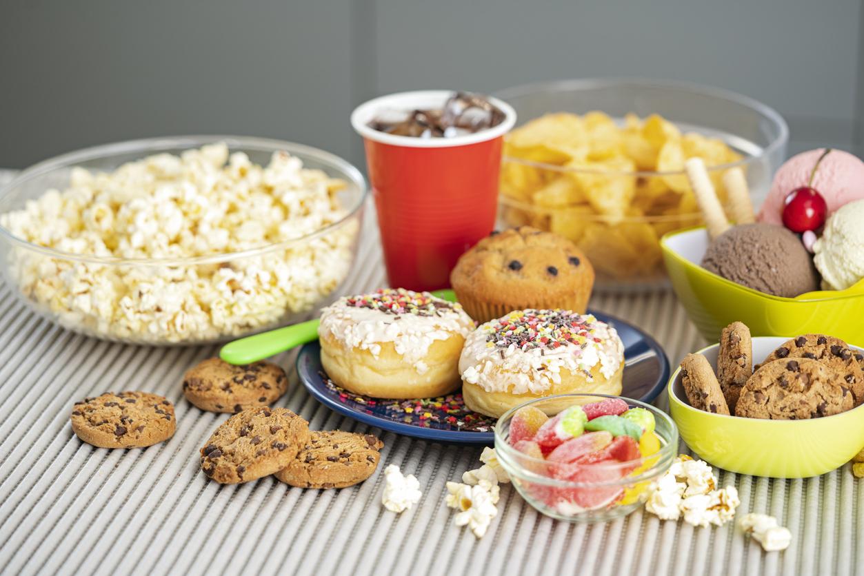 Unhealthy eating concept. Group of food high in sugars and fat
