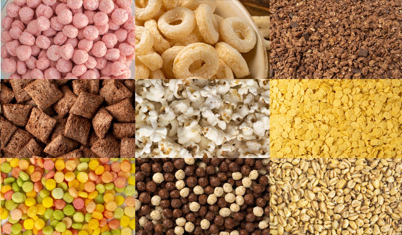 Breakfast cereal balls mix texture background, crunchy corn cereals collage, color crispy corn balls pattern, pink, yellow or brown and white corn flakes collage