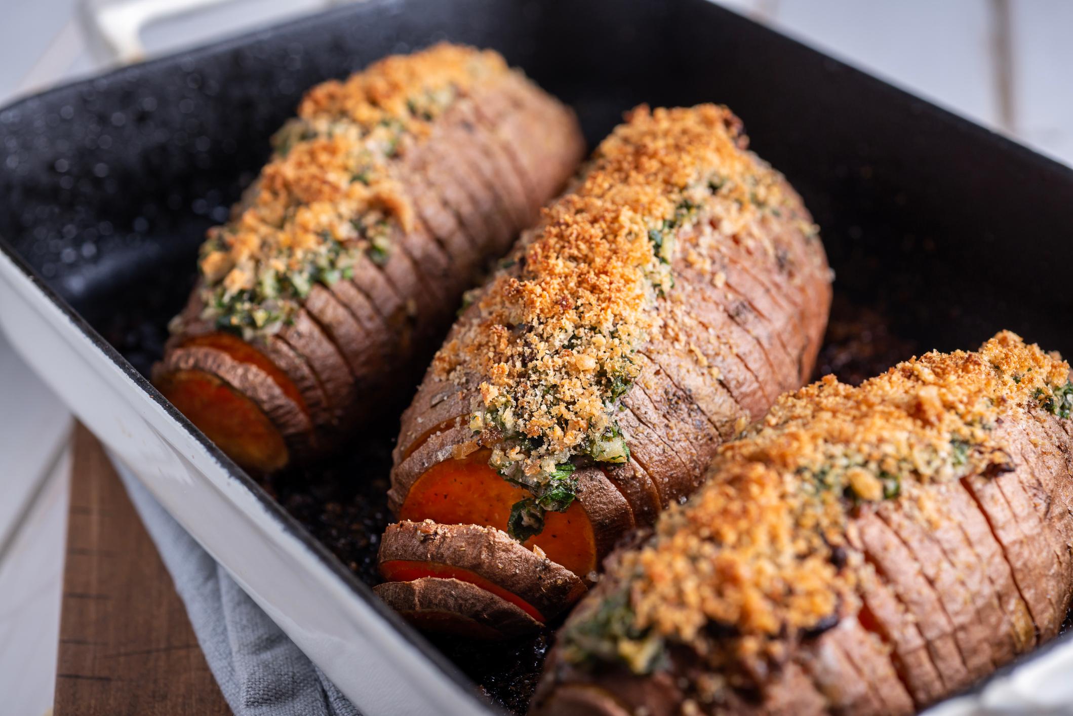 Hasselback Sweet Potatoes in a Roasting Dish