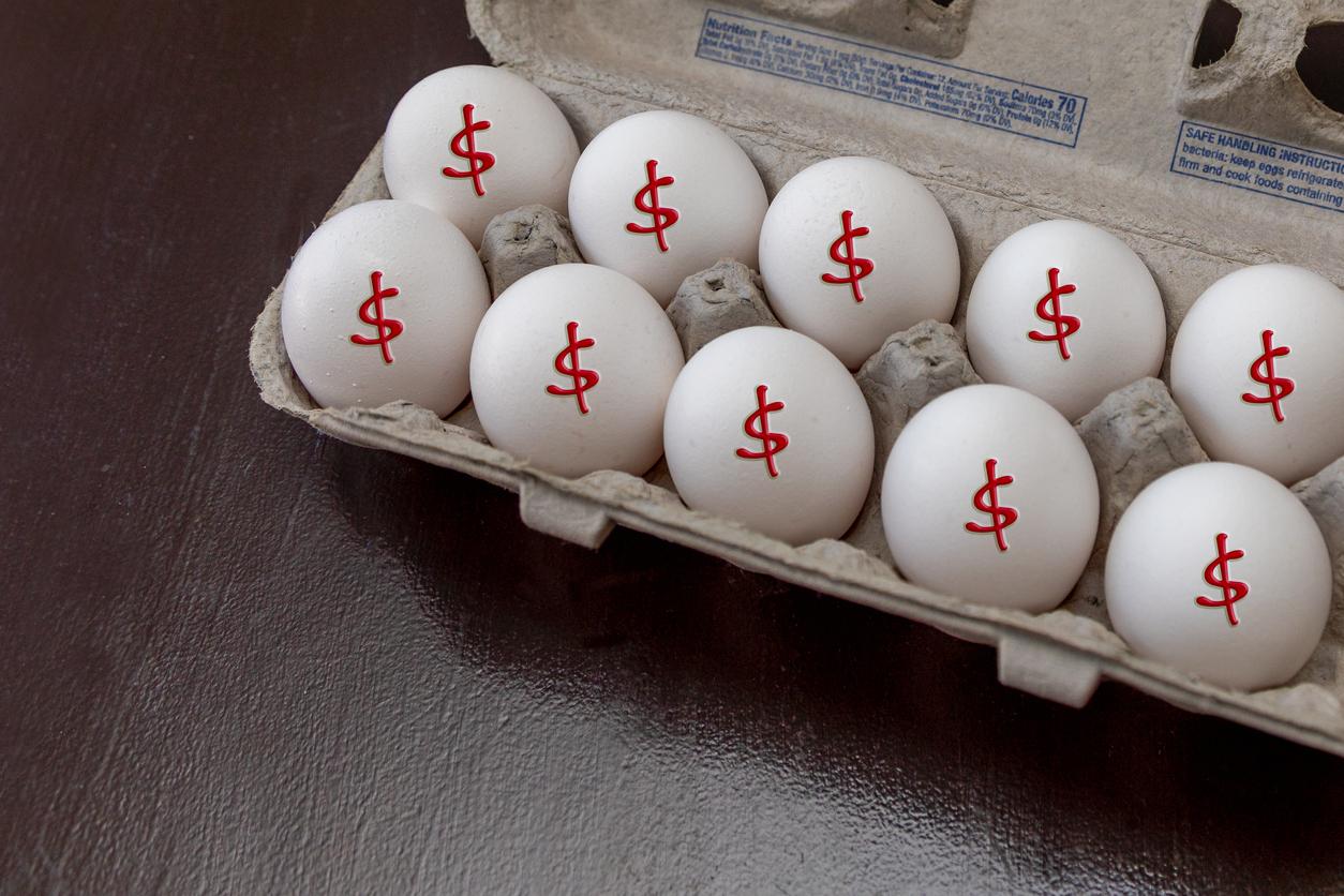 Eggs in carton with dollar signs on them – expensive eggs concept