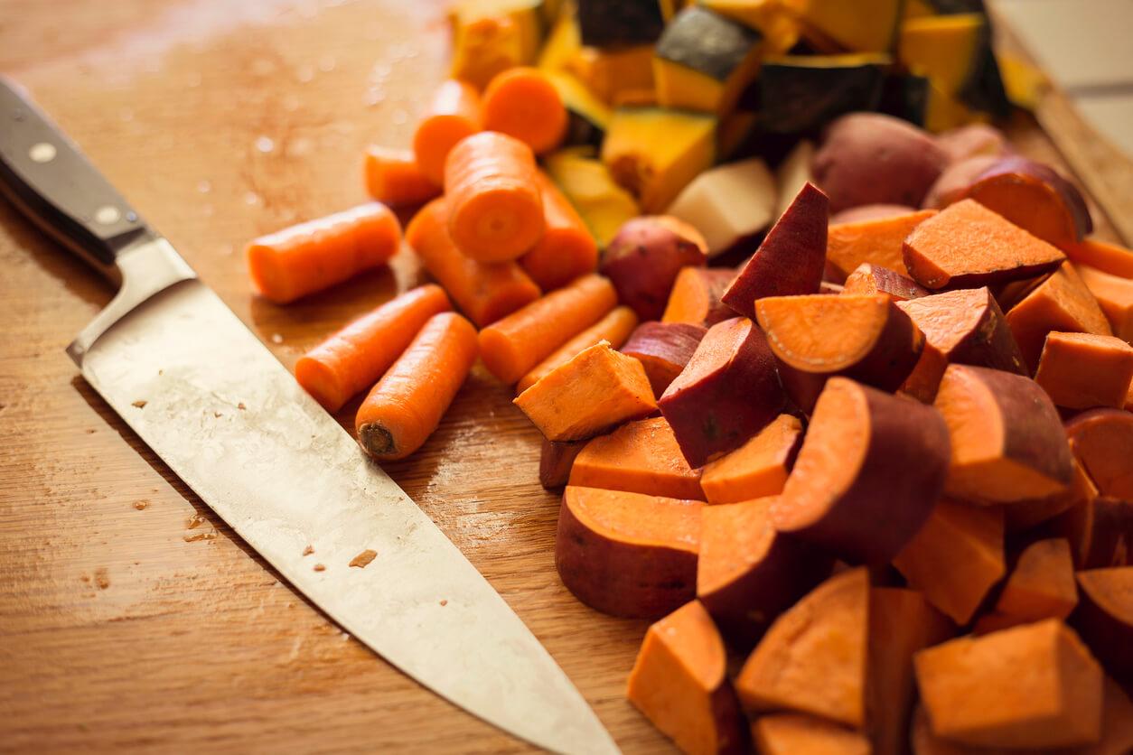 chopped root vegetables in the kitchen