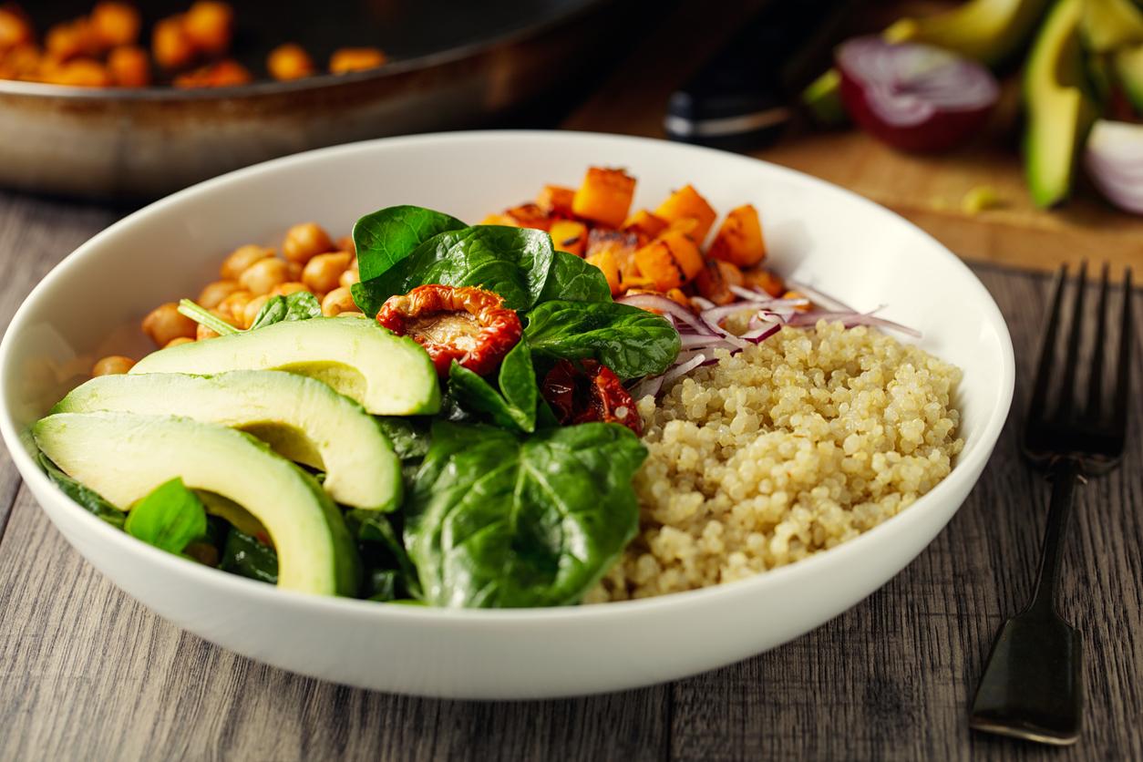 Home made freshness roasted butternut squash,spicy chickpea and avocado,spinach and sun dried tomatoes and quinoa salad bowl.
