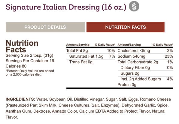 Olive Garden's Signature Italian Dressing label